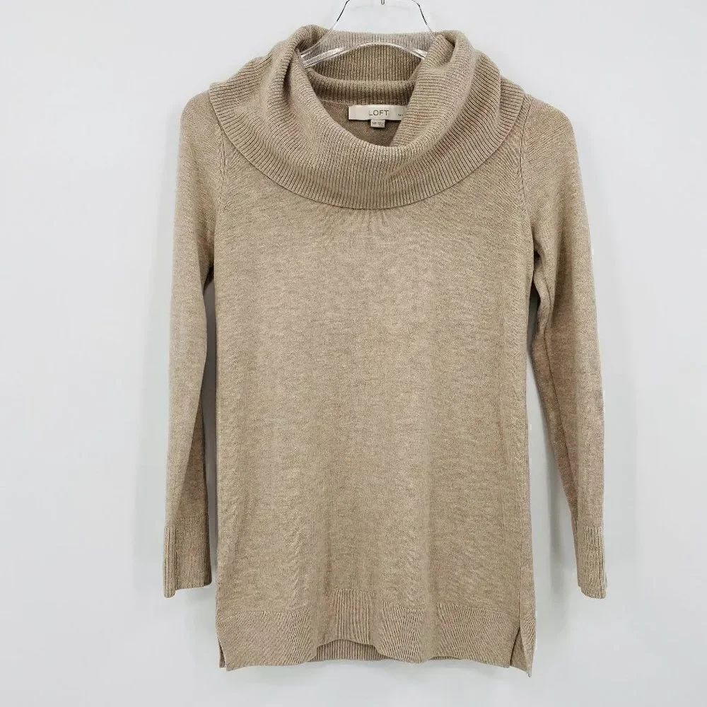 LOFT Size XXSP Oatmeal Tan Long Sleeve Cowl Neck Thin Knit Sweater